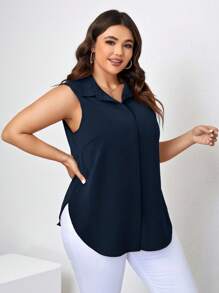 Chikora Plus Size Front Button Summer Casual Sleeveless Shirt - Navy Blue - View 4
