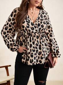 SHEIN Clasi 大碼豹紋印花交叉領燈籠袖荷葉邊下擺襯衫 - 彩色 - 查看 4