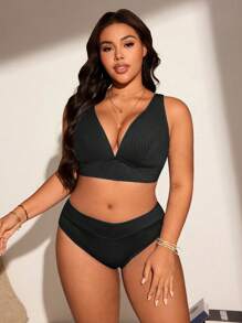 Swim Lushoire 加大码简约纯色纹理面料沙滩泳装套装 - 黑色 - 查看 4