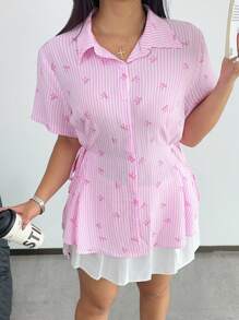 POPSWAY Áo sơ mi cài nút kẻ sọc nơ cỡ lớn cho nữ, thường ngày và dễ thương màu hồng - Hồng - Xem 6