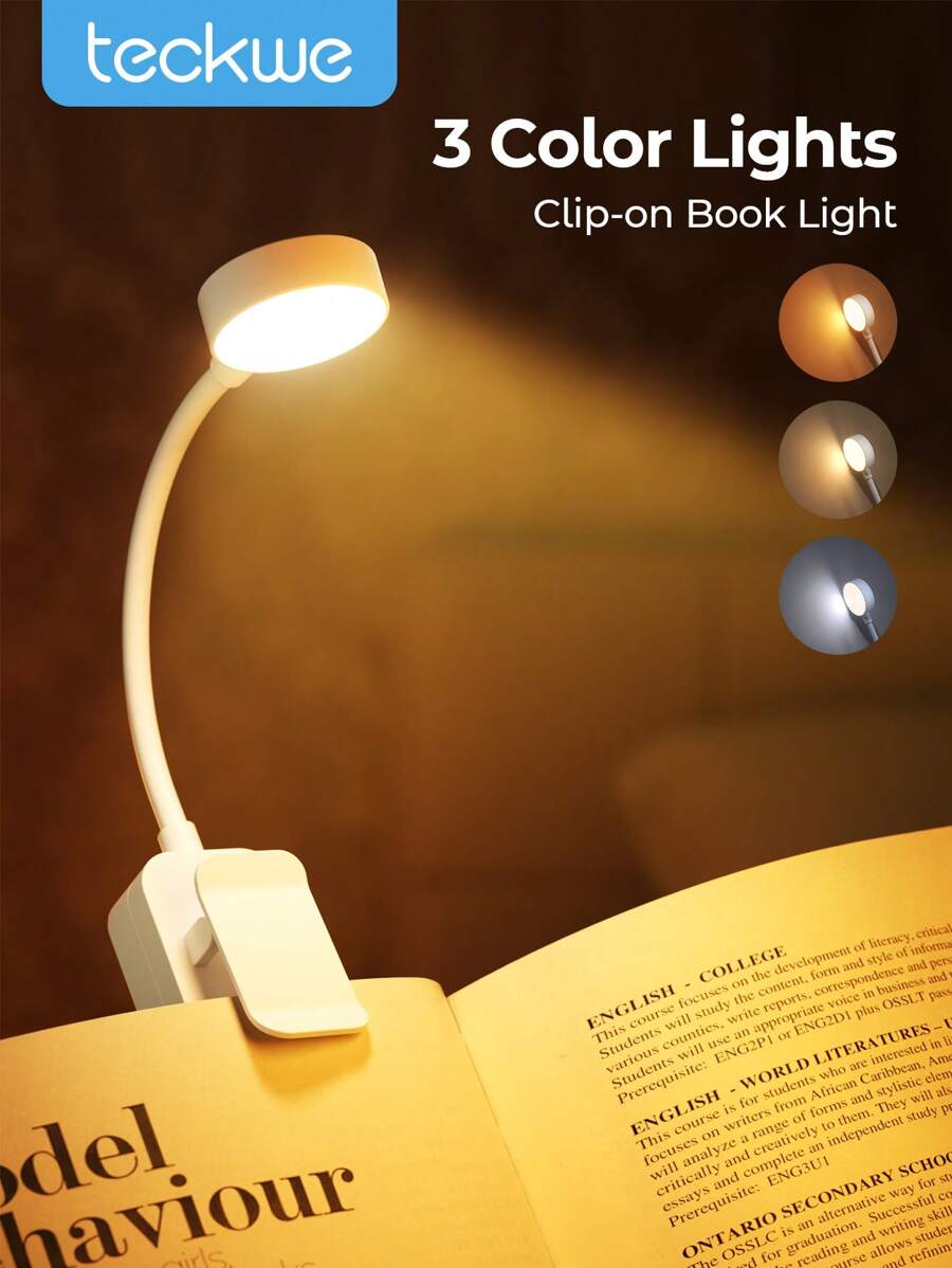 Teckwe Mini Portable LED Book Light Clip-On Night Light USB Rechargeable LED Adjustable Brightness Eyecare Table Lamp For Bedroom Camping Study Reading - White - View 1