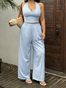 POPSWAY 2pcs/Set Fashionable Spaghetti Strap Backless Cami Top And Loose Straight Long Pants Suit - Baby Blue - View 6