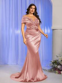 SHEIN Belle Dusty Pink,Spring,Elegant,Formal,Evening,Prom Plus Size Embroidered Lace Applique Sheer Long Sleeve Off Shoulder Stretch Satin Mermaid Maxi Dress - Dusty Pink - View 7