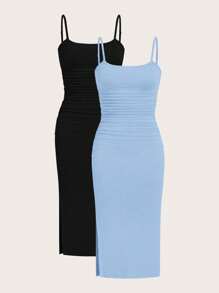 SHEIN EZwear 2pcs Women's Summer Knit Bodycon Camisole Dresses - Blue - View 11