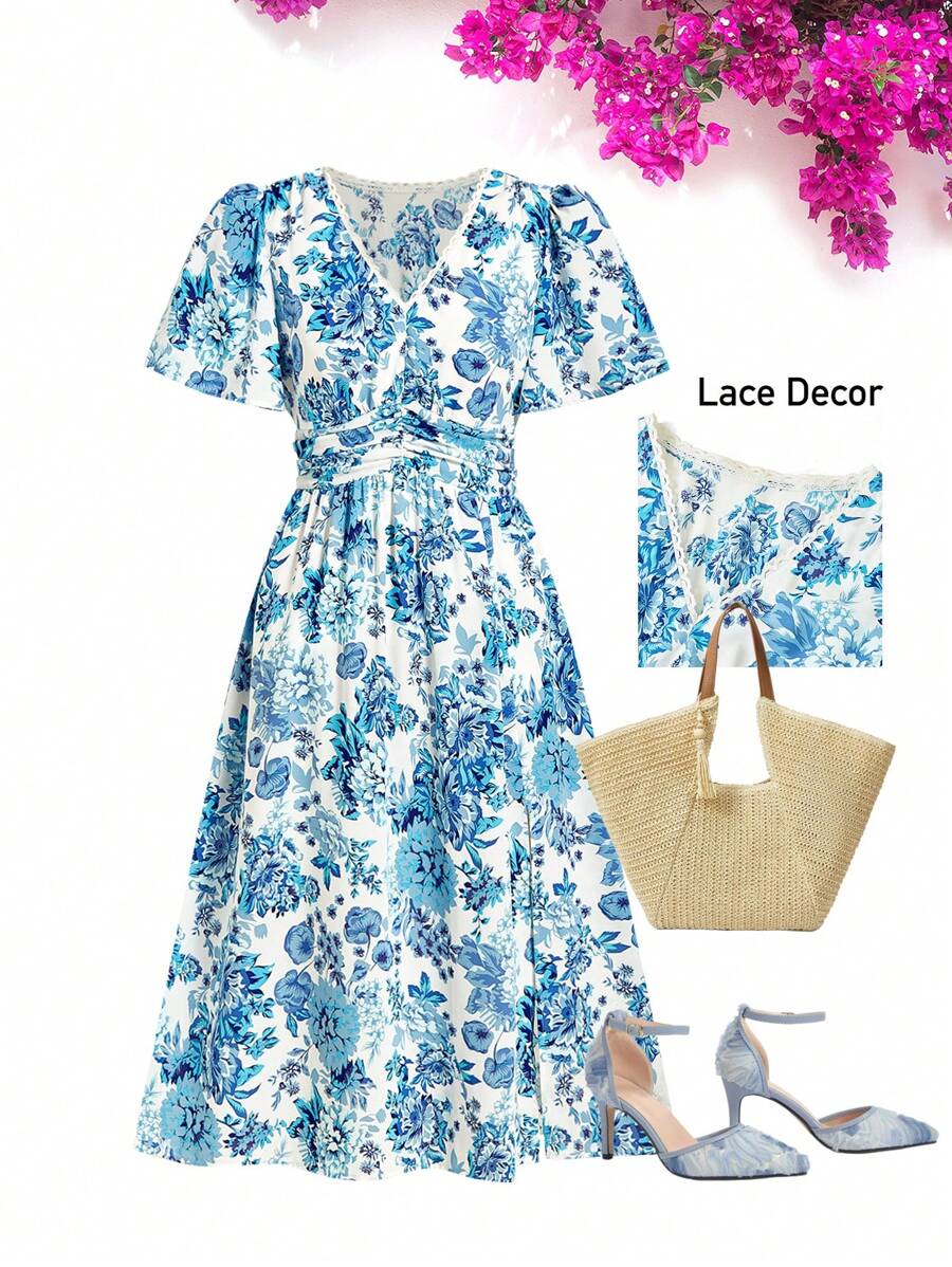 Ellevyn 女式 V 领短袖收腰花卉印花蕾丝边 A 字中长连衣裙，优雅适合日常穿着、度假穿着、春夏季 - 藍白色 - 查看 1