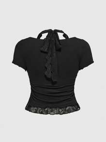 ROMWE Grunge Punk Plus Size Women's Summer Rhinestone Letter Halter Lace-Up Short Sleeve T-Shirt