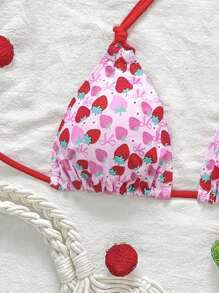 Swim Mod Women's Summer Bikini Top, Strawberry Print, Sexy Halter - Pink - View 3