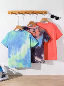 Buy 2 Get 1 Free, 3pcs/Set Tween Boys' Casual Tie-Dye Coconut Tree Graphic Round Neck T-Shirts, Suitable For Autumn, Spring, Summer, Suitable For Outdoor Play, School, Street Shooting, Party And Leisure