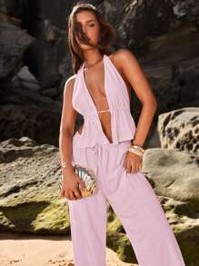 SHEIN BAE 女士性感V领露背吊带上衣和宽松阔腿裤套装，夏季度假风格 - 淺粉色 - 查看 3