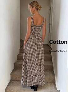 SHEIN LUNE Đầm dự tiệc thanh lịch cổ vuông xếp ly lưng nhún eo cao thấp họa tiết kẻ caro thường ngày cho nữ - Nhiều màu - Xem 2