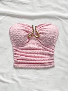 Soleia Women's Vacation White Knitted Texture Strapless Crop Top With Hollow Out Heart Metal Buckle Decor, Fitted Silhouette, Suitable For Party, Date, Afternoon Tea, Beach, Music Festival, Carnival Pink