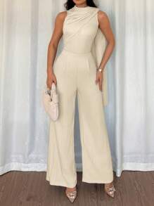 女士优雅夏季服装：蓝色立领无袖上衣，配腰带和宽松阔腿裤 - 杏色 - 查看 4