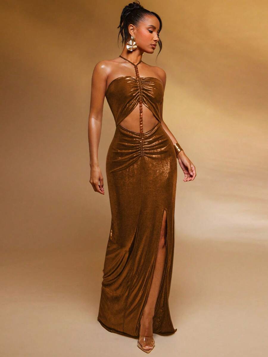 Hauture 女士纯色金属镂空性感露背连衣裙