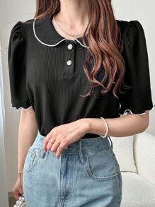 女士 Polo 领泡泡袖撞色边 T 恤 - 黑色 - 查看 4