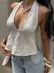 Serisse Áo crop top hở lưng cổ yếm thường ngày mùa hè cho nữ - Màu be - Xem 3