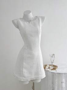 Women's Sleeveless Sequin Decor Pleated Hem Elegant Dress, Summer - White - View 6