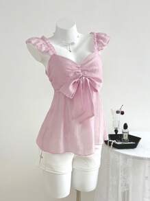 Breezaya 甜美性感女士蝴蝶结盖袖衬衫，采用网眼雪纺面料制成，娃娃装上衣 - 粉色 - 查看 1
