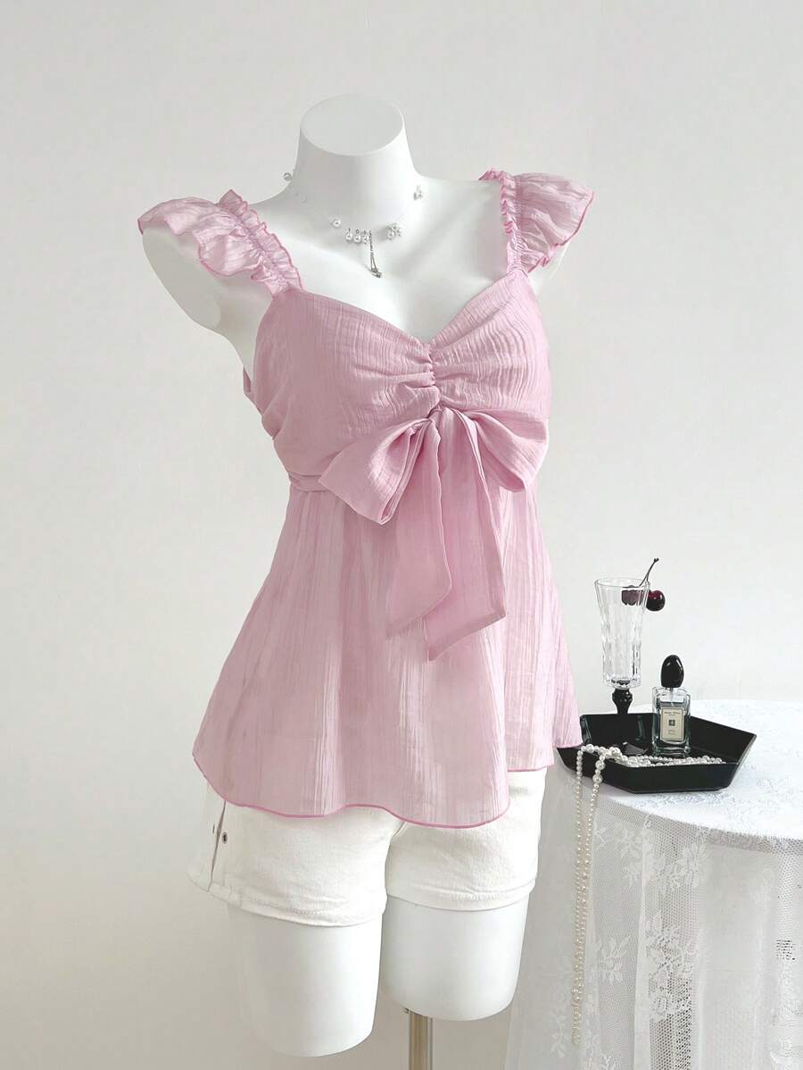 Breezaya 甜美性感女士蝴蝶结盖袖衬衫，采用网眼雪纺面料制成，娃娃装上衣 - 粉色 - 查看 1