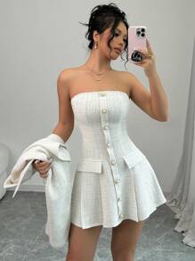 SHEIN PETITE Set de 2 piezas de traje sexy y elegante para fiesta: Vestido escotado sin tirantes + chaqueta corta, look elegante de alta gama para mujer