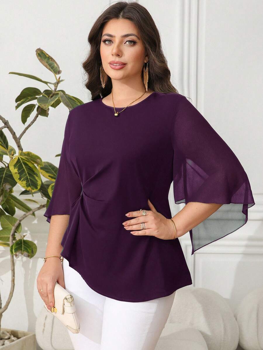 Reflora Plus Size Women's Solid Color Round Neck Flare Sleeve Pleated Elegant Blouse, Business Casual Woman Valentine's Day Fall - Purple - View 1