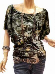 INAWLY T-shirt ajusté avec manches chauve-souris, col bateau, plissé, imprimé d'anciens arbres, pour femme en été - Militaire verte - Voir 4