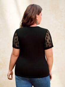 Chikora Plus Contrast Lace Tee - Black - View 2