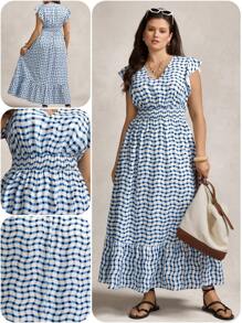 SHEIN LUNE Plus Size Striped Print Ruffle Hem Vacation Casual Boho Summer Old Money Dress - Blue and White - View 2