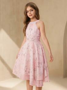 SHEIN 女孩优雅奢华美丽的绿色无袖中长连衣裙，适合节日、婚礼、花童、节日、表演、舞会、派对、生日等场合 - 玫紅色 - 查看 6