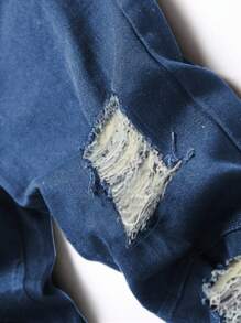 Manfinity Homme 大码男士口袋破洞紧身休闲牛仔裤，百搭 - 深色水洗藍 - 查看 7