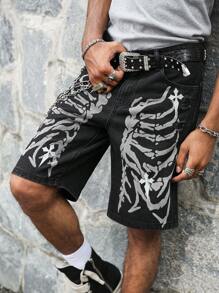PAVTROS Manfinity Streetrush Men's Skeleton Print Pocketed Distressed Bermuda Denim Shorts Graphic Shorts For Men - Black - View 4