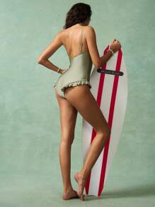 VARSIVA 1 件女式纯色荷叶边低胸性感连体泳衣，适合度假