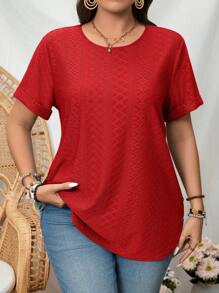 SHEIN LUNE 大码纯色圆领短袖休闲T恤 - 紅色 - 查看 1