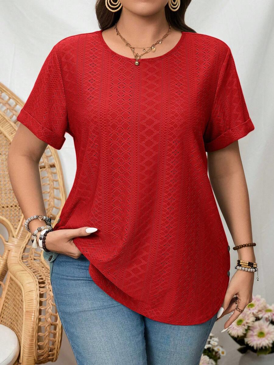 SHEIN LUNE 大码纯色圆领短袖休闲T恤 - 紅色 - 查看 1