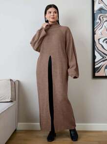 EURMUSE Fashion Maxi Sweater With Tie Detail, Solid Color Suitable For Summer - Camel - View 5