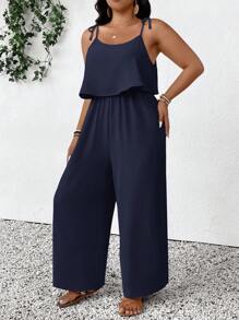 SHEIN Frenchy 大码纯色纹理休闲连体裤，度假装