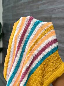 SHEIN CURVE+ 加大码度假休闲彩色条纹露背针织上衣和短裤套装，曲线加大，波西米亚度假风 - 彩色 - 查看 6