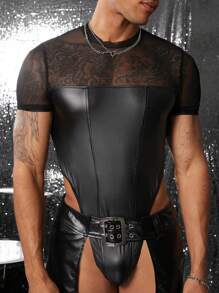 FeverCity 透明网眼拼布圆领男式背带工装裤 - 黑色 - 查看 5