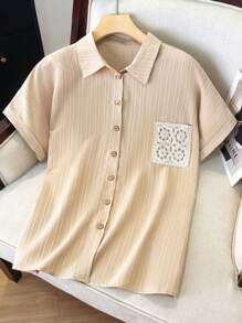 Lacomfia Plus Size Women's Loose Short Sleeve Casual Button-Down Shirt - Apricot - View 1