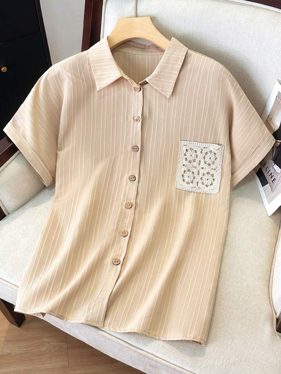 Lacomfia Plus Size Women's Loose Short Sleeve Casual Button-Down Shirt - Apricot - View 1
