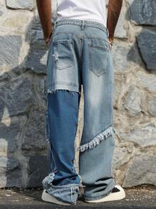 Manfinity EMRG 男士休闲宽松破洞阔腿牛仔裤 - 藍色 - 查看 2