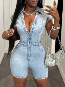 Slaydiva 女士 V 领性感修身腰部牛仔背带裤和连体裤，夏季连体裤，女士娇小连体裤，背带裤，女士夏季服装，女士夏季套装，女士夏季套装，女士连体裤，7 月 4 日。 - 淺色水洗藍 - 查看 7