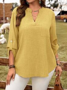 EMERY ROSE Plus Size Women's Plain V-Neck Roll-Up Sleeve Casual Blouse - Mustard Yellow - View 1