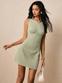 Poéselle Vestido corto sin mangas con cuello redondo y espalda descubierta con estampado de cuadros para mujer, verano - Verde - Ver 3