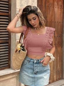 SHEIN Frenchy Women's Solid Color Ruffle Cap Sleeve Summer Backless Bow Decor Fitted Blouse Pink - Baby Pink - View 8