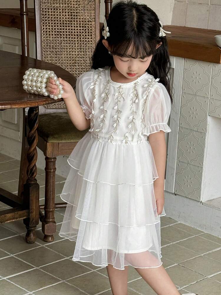 Young Girls Round Neck Intricate Birthday Party Summer Short Sleeve Midi Dress