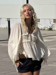 SHEIN ICON Áo sơ mi tay dài lưới xếp ly ngực viền rau diếp - Màu be - Xem 4