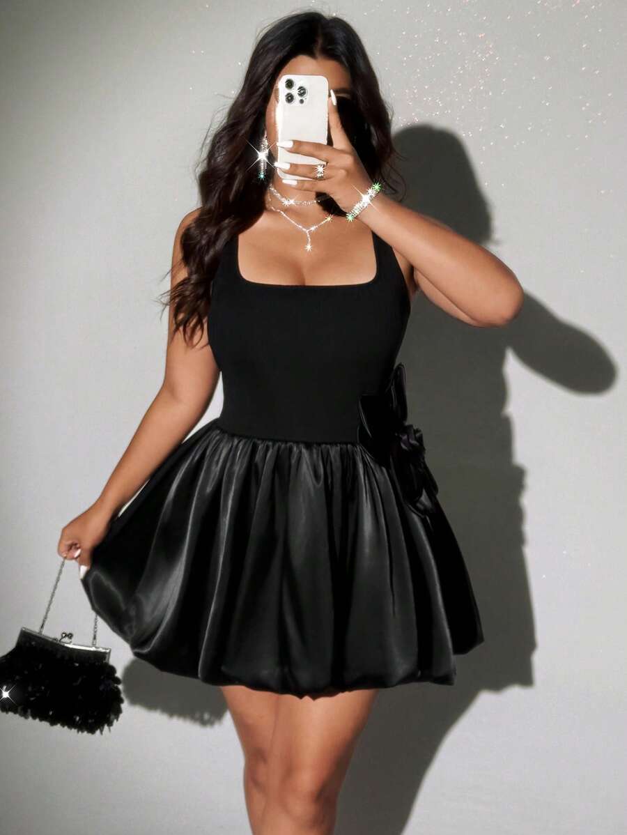 Viva Relle 大码无袖花朵泡泡袖连衣裙，甜美优雅 - 黑色 - 查看 1