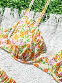 Swim Mod Women Knitted White Floral Print Swimsuits,Wire Rimmed Supportive Top With Flutter Trim,High Cut Bikini Set For Summer,Boho,Pool Party,Holiday Beach - Multicolor - View 3
