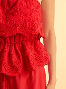 CAJUNI 女士夏季休闲蕾丝边露背系带背心，适合海滩度假 - 紅色 - 查看 7