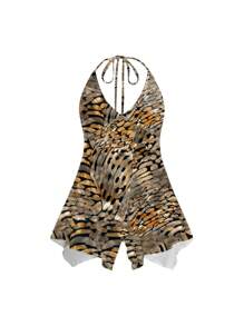 Shutterstock Atasan Cami Leher Halter Wanita Motif Vintage, Kupu-kupu, dan Daun Pudar, Cocok untuk Musim Panas, Liburan, dan Festival Musik - MultiWarna - View 3